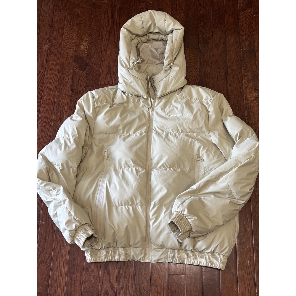 YoungLA 554 Mens Large Puffer Jacket Beige Hooded Full Zip Gym Streetwear